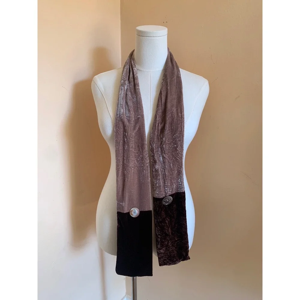 Vintage Two Tone Velvet Scarf Brown Tan Button Detail Accessory